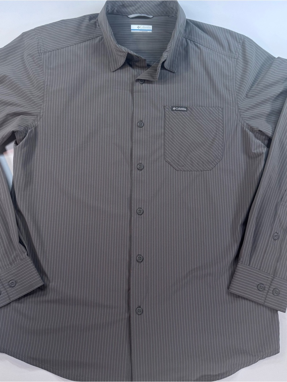 Columbia Men's Long-Sleeve Button-Up Shirt , Gray Striped Polyester Blend, Sz. M